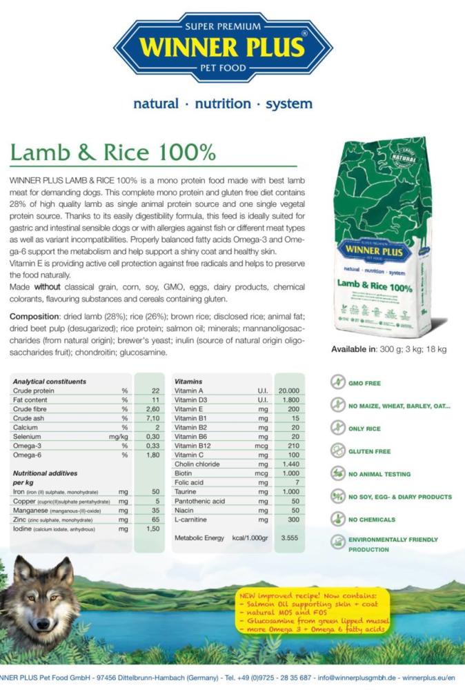 Winner Plus Lamb & Rice 100% 18kg Ξηρά Τροφή για Ενήλικους Σκύλους με Αρνί και Ρύζι - skroutz.com.cy