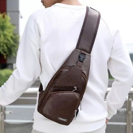 Usb Men's Chest Shoulder Travel Leather Bag - Dark Brown - skroutz.com.cy