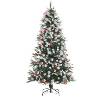 HOMCOM Χιονισμένο χριστουγεννιάτικο δέντρο με κόκκινα μούρα και κουκουνάρια, αφαιρούμενη πτυσσόμενη βάση 180cm - πράσινο 830-360V02