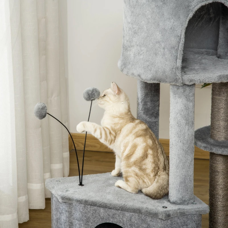 PawHut Cat Scratching Tree 60x40x133cm Cat Tower with Removable Felt Cave Soft Plush Bed Natural Sisal Scratching Posts and Toys Gray D30-480