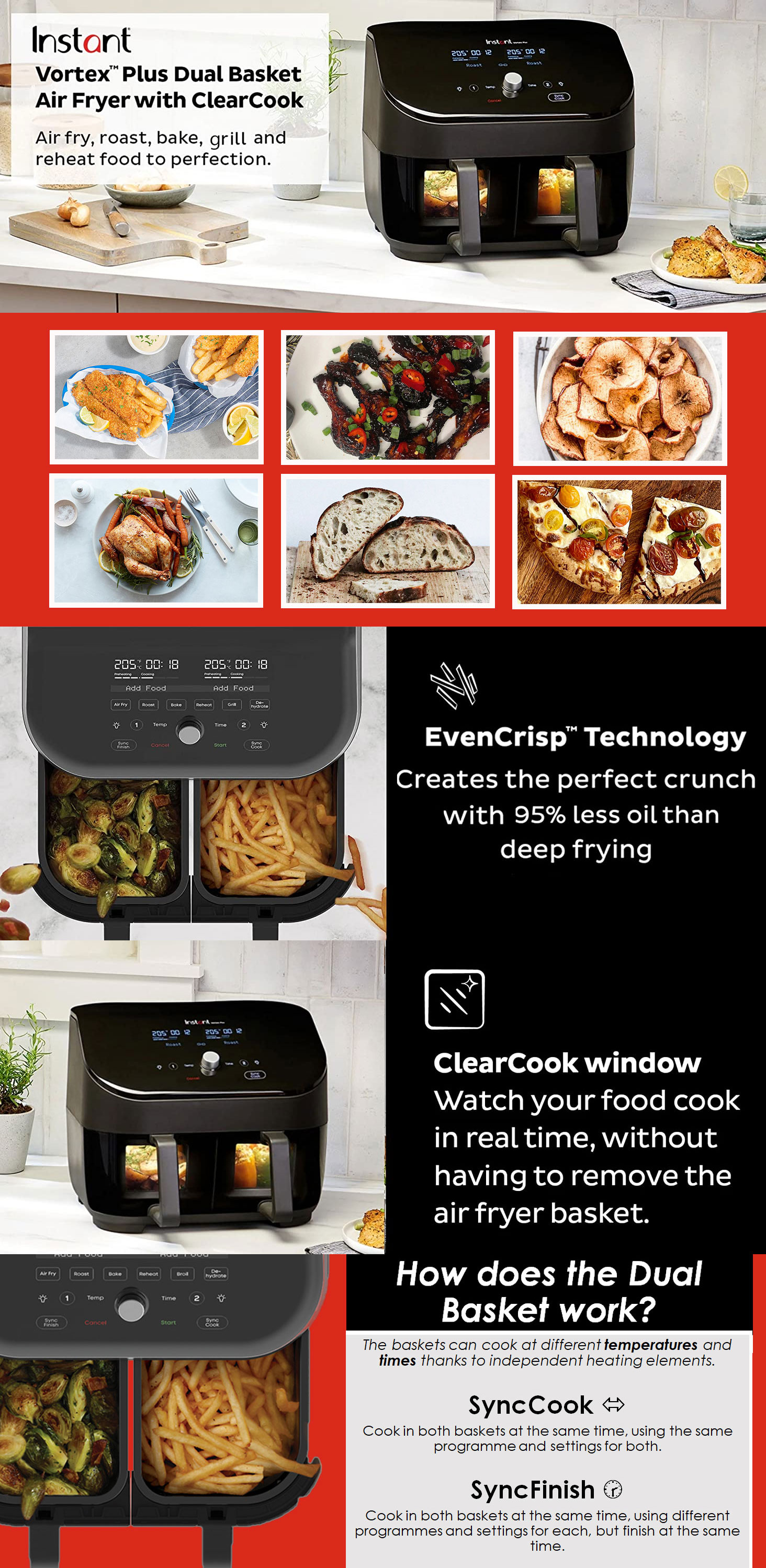 Instant Vortex Plus Dual Basket with Clearcook - 7.6l Digital Health Air Fryer, Black, 8-in-1 Smart Programs - Air Fry, Bake, Roast, Grill, Dehydrate, Reheat, Xl Capacity -1700w INST-140311001 - Skroutz Κύπρος - Skroutz.com.cy