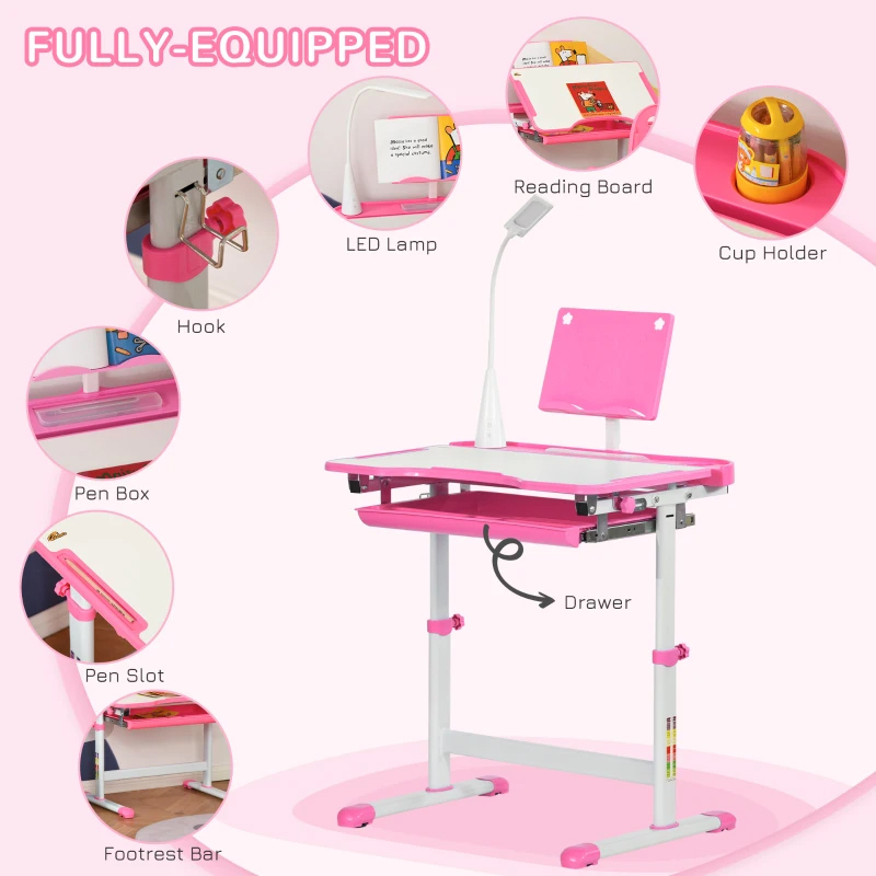 Qaba Kids Table and Chair Set, Activity Desk with USB Lamp, Storage Drawer for Study, Activities, Arts, or Crafts, Pink and White - skroutz.com.cy - skroutz κύπρος - skroutz.gr