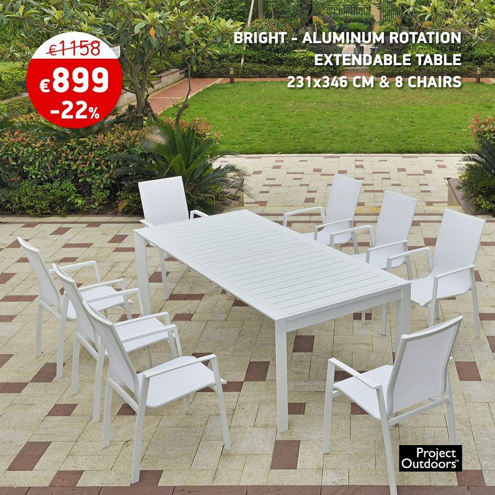 BRIGHT - ALUMINUM ROTATION EXTENDABLE TABLE 231x346 CM & 8 CHAIRS